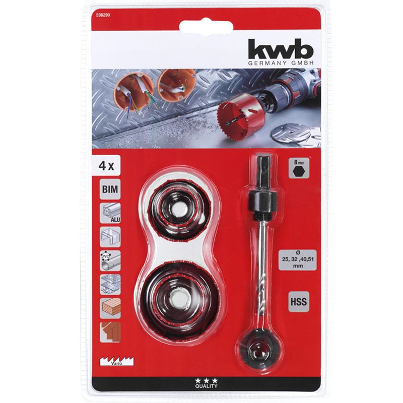 LYUKFŰRÉSZ KÉSZLET 5 RÉSZES 25-51mm+ADAPTER KWB 49598290 KÉSZLETEK LYUKFŰRÉSZ KÉSZLET 5 RÉSZES 25-51mm+ADAPTER KWB 49598290 KÉSZLETEK