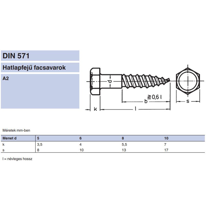 ÁLLVÁNYCSAVAR HLF D6*140 DIN 571 A2 INOX FACSAVAR  FASZERKEZETI CSAVAR