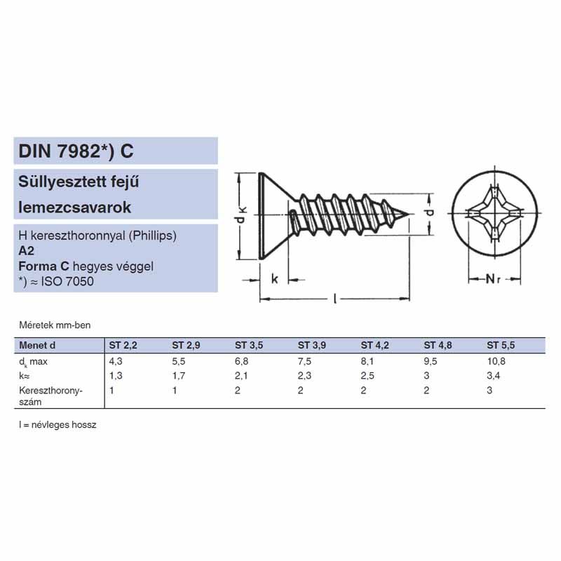 LEMEZCSAVAR SFKH D4.2*25 DIN 7982 A2 PH INOX 